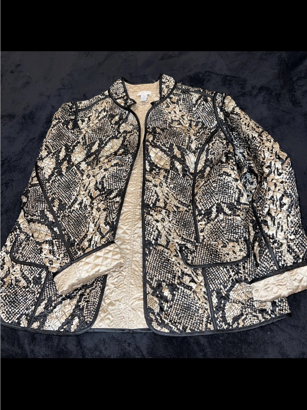 Chico's Metallic Gold & Black Satin Quilted Open Blazer Jacket Sz 2 Lightweight